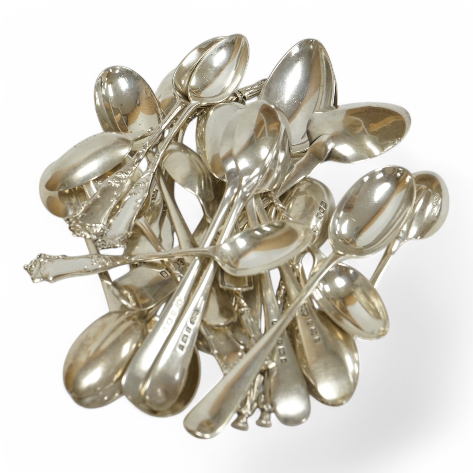 A set of six Edwardian silver coffee spoons, by John Round, Sheffield, 1903 and a small group of other assorted silver tea and coffee spoons, 13.9oz and one plated teaspoon. Condition - fair to good